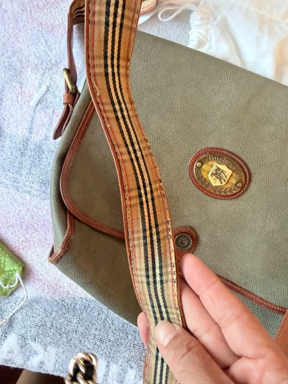 Vintage Burberrys Coated Canvas Messenger Crossbody Bag- OliveGrey